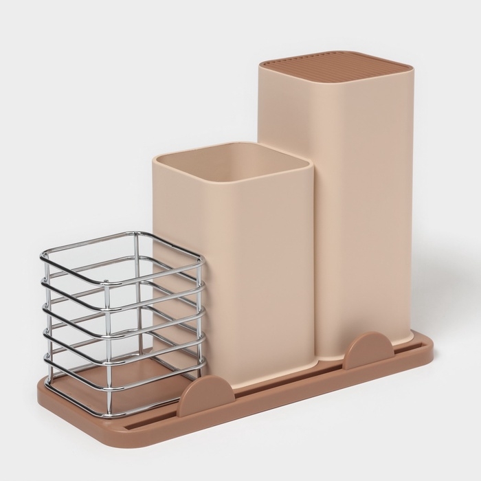 Подставка для ножей и столовых приборов Доляна &laquo;Нежность&raquo;, пластик, бежевая