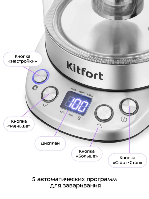 Чайник электрический стеклянный с подсветкой КТ-6796 - 1.7 л