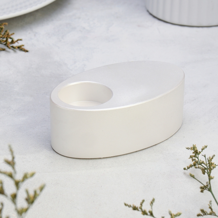 Подсвечник "Узкий овал. Мрамор" из гипса,11,5х7х4см,белый перламутр