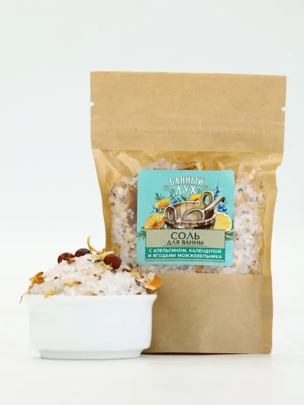 Банный Дух Соль для ванны с апельсином, календулой и ягодами можжевельника, 150 г.