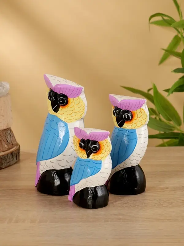 Набор сувенирный &laquo;Совы&raquo;, h=18 см, h=14.5 см, h=11 см, дерево, бело-синий