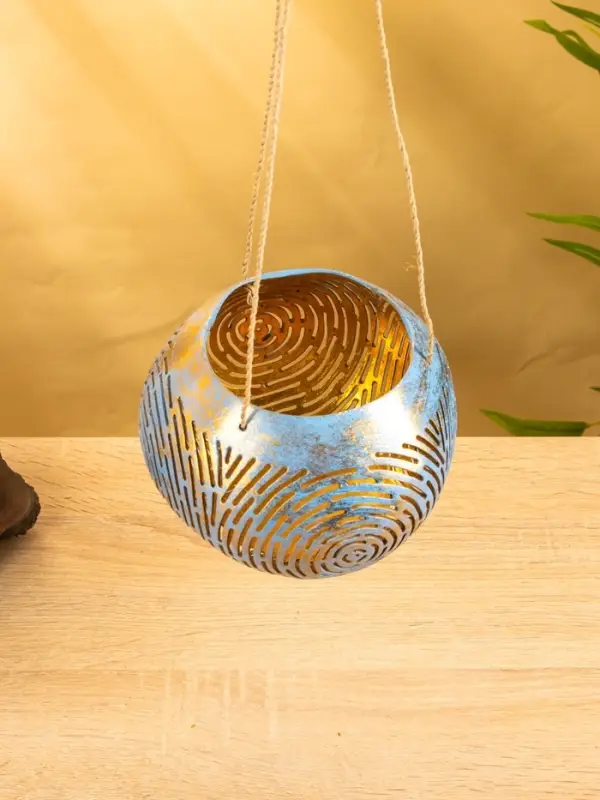 Подсвечник подвесной из кокоса, 16х16х11 см, цв. голубой-золотой