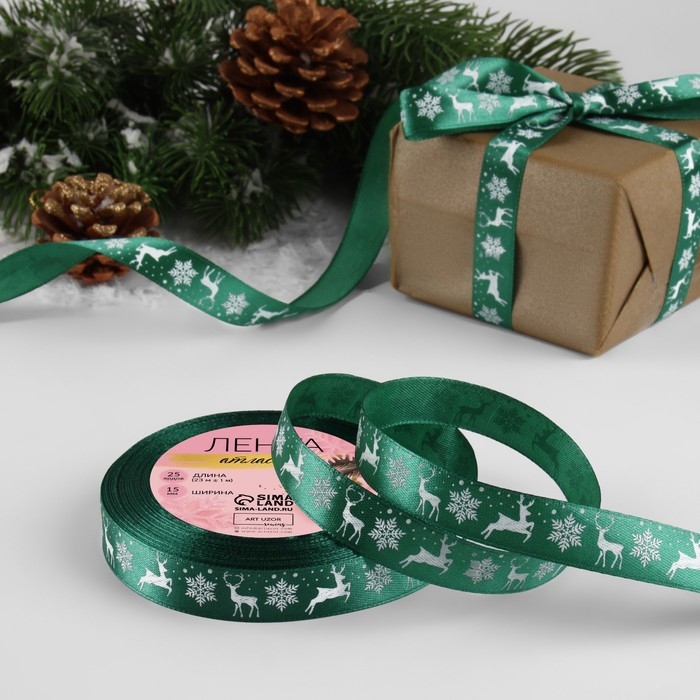 Новый год! Лента атласная &laquo;Олени&raquo;, 15 мм, 23 &plusmn; 1 м, цвет зелёный №56
