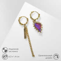 Серьги висячие со стразами &laquo;Сердце&raquo; асимметрия, цвет красный в чернёном золоте, 6,2 см