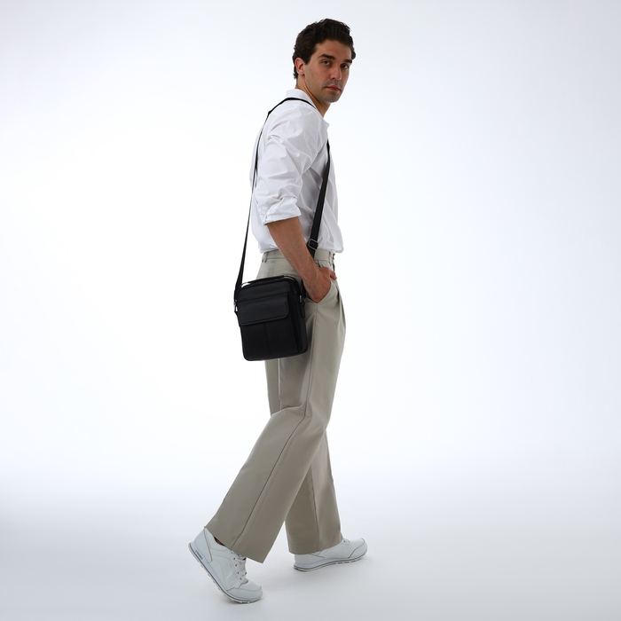 Сумка мужская через плечо TEXTURA, 2 наружных кармана, цвет чёрный