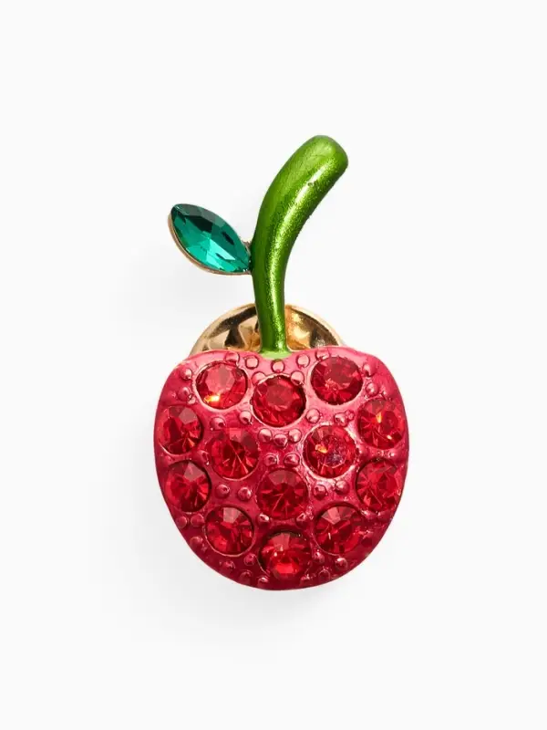 Брошь "Вишня стразинка", цвет красно-зелёный в золоте