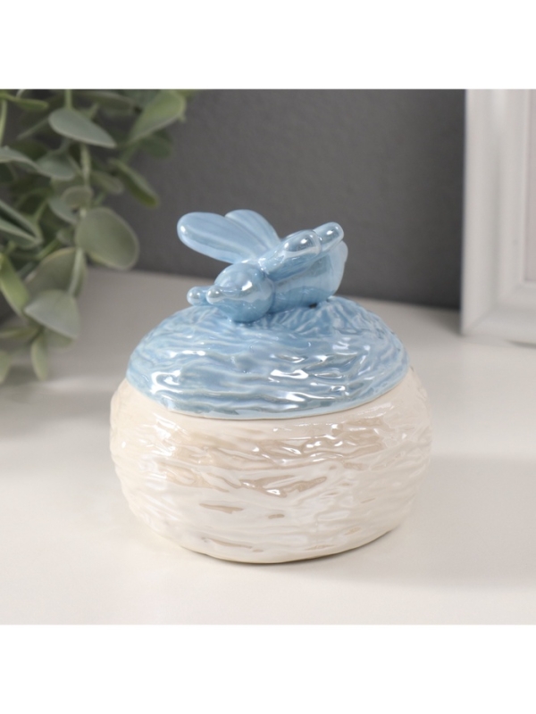 Шкатулка керамика "Пчёлка на улье" голубой перламутр 8,5х8,5х8 см