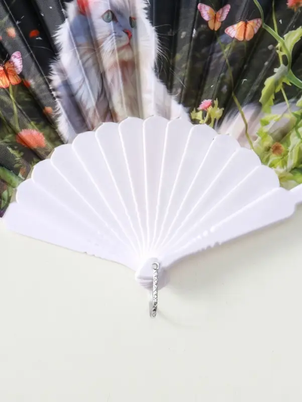 Веер пластик, текстиль "Кошечки и цветы" МИКС широкие лопасти 23 см