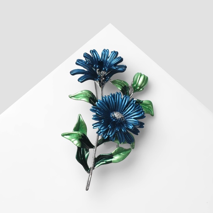 Брошь &laquo;Цветы&raquo; календула, цвет сине-зелёный в серебре