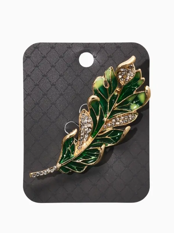 Брошь "Перо" прозрачное, цвет зелёно-белый в золоте