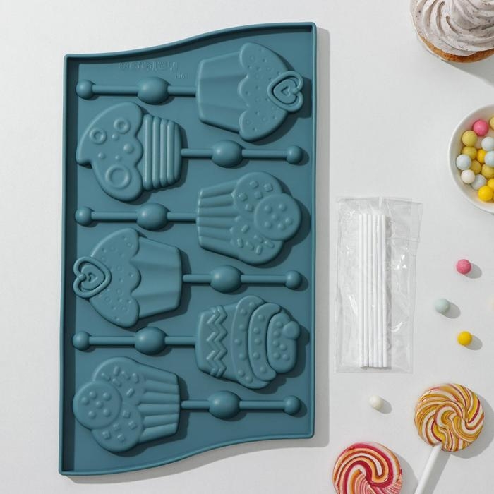 Форма для леденцов Доляна &laquo;Капкейк&raquo;, силикон, 27,5&times;16,5 см, 6 ячеек (6&times;7 см), с палочками, цвет МИКС