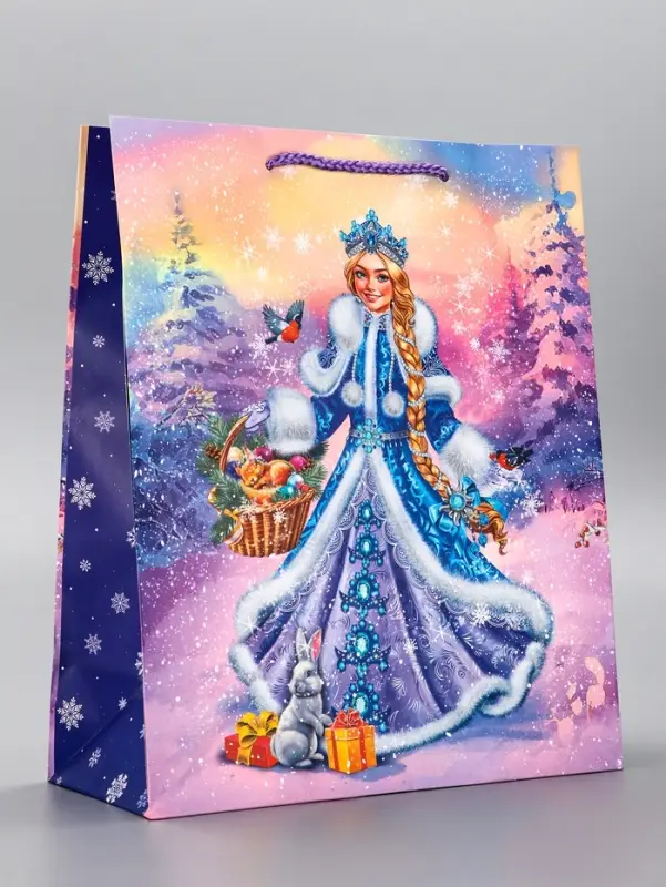 Пакет подарочный новогодний ламинированный, &laquo;Снегурочка и зайчик&raquo; , 26&times;12&times;32 см