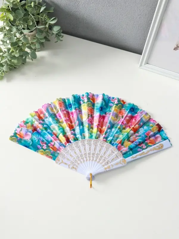 Веер пластик, текстиль "Россыпь цветов" МИКС широкие лопасти 23 см