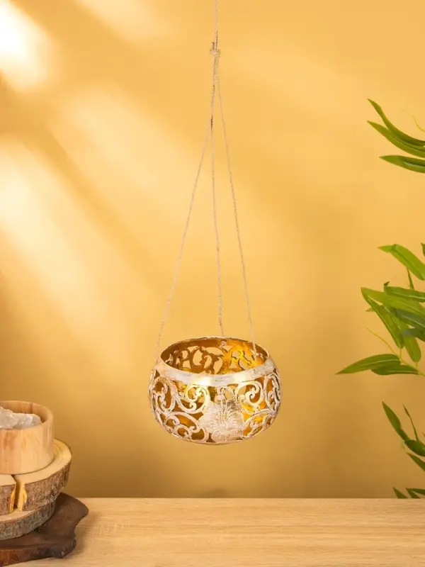 Подсвечник подвесной из кокоса, 14&times;14&times;10 см, золотисто-белый