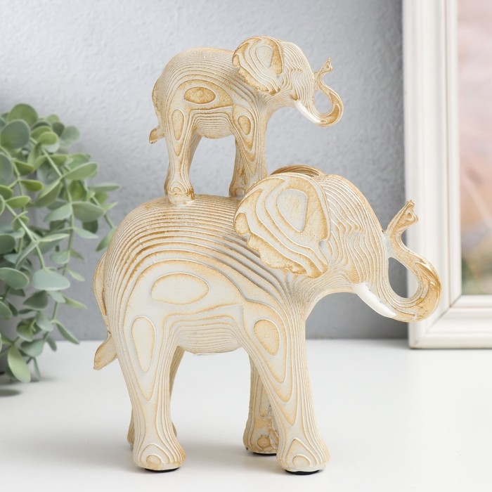 Сувенир полистоун "Белый слон со слонёнком на спине, с золотом - слои" 16х7х19,5 см