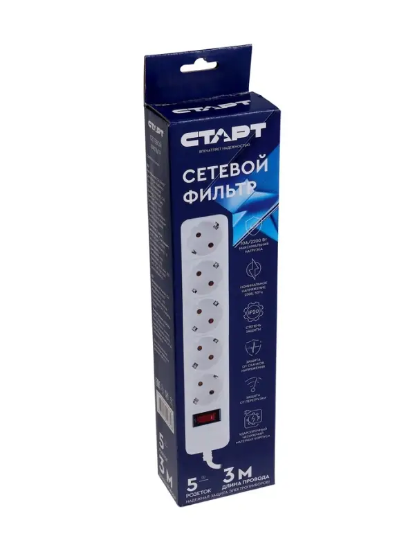 Сетевой фильтр СТАРТ, 5 розеток, 3 м, 10 А, ПВС 3&times;0.75 мм2, с заземлением, с выключателем, IP20, белый