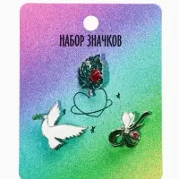 Броши "Голубь, листик, подснежник" (набор 3шт), цветной в серебре
