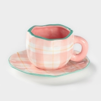 Чайная пара Доляна &laquo;Розовая клетка&raquo;, чашка 220 мл, блюдце d=16 см, ручная роспись, керамика, белая