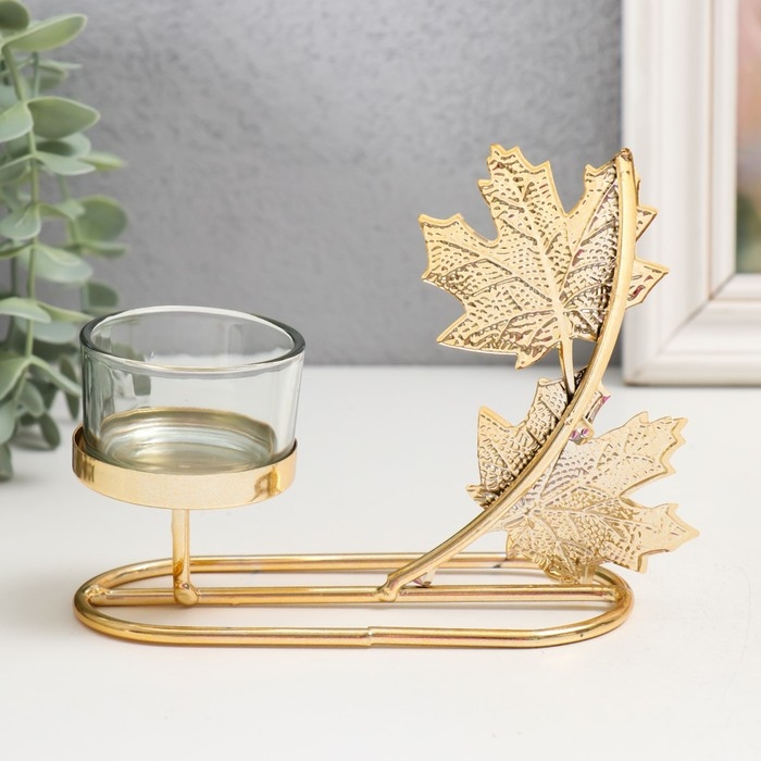 Подсвечник металл на 1 свечу "Кленовые листья" d=4,5 см золото 5,8х13х13 см