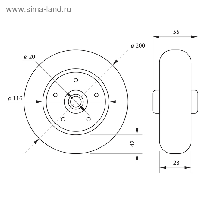 Колесо для транспортных тележек, d=200 мм