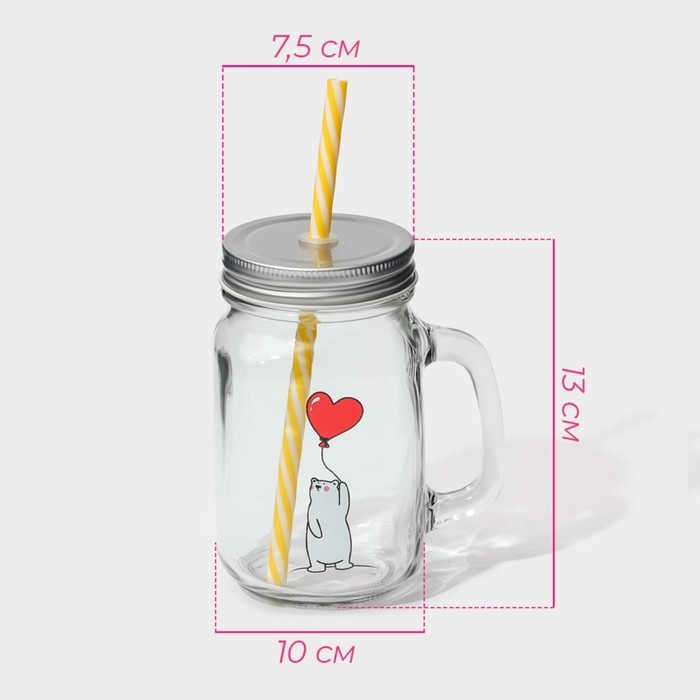 Кружка стеклянная с крышкой и трубочкой Доляна &laquo;Медведь&raquo;, 450 мл, 10&times;7,5&times;13 см