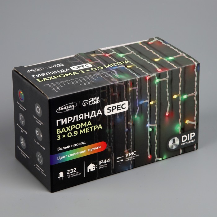 Гирлянда &laquo;Бахрома&raquo; 3 &times; 0.9 м, IP44, УМС, белая нить, 232 LED, свечение мульти, 220 В