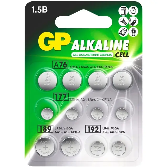 Батарейка алкалиновая GP, ACM02F-12BL(А76  по 4 шт.;164,186,189 192-по 2 шт.); 1.5В,12 шт.