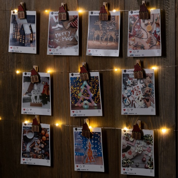 Гирлянда &laquo;Нить&raquo; 2 м роса с насадками &laquo;Прищепки-домики&raquo;, IP20, серебристая нить, 20 LED, батарейки ААх2 (не в комплекте), свечение тёплое белое