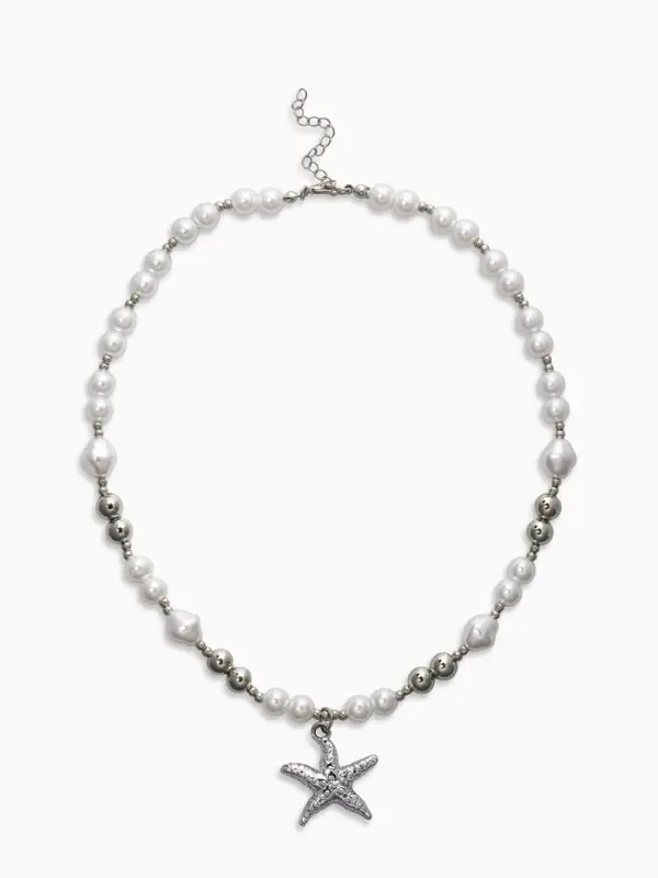 Кулон на жемчужных бусах "Морская звезда", цвет белый в серебре
