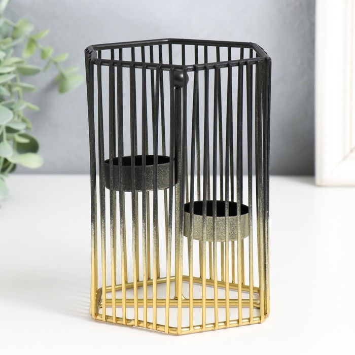 Подсвечник металл на 2 свечи "Шестиугольная клетка" d-4,5 см золот.-чёрный 11,5х11,5х15,5 см   93307