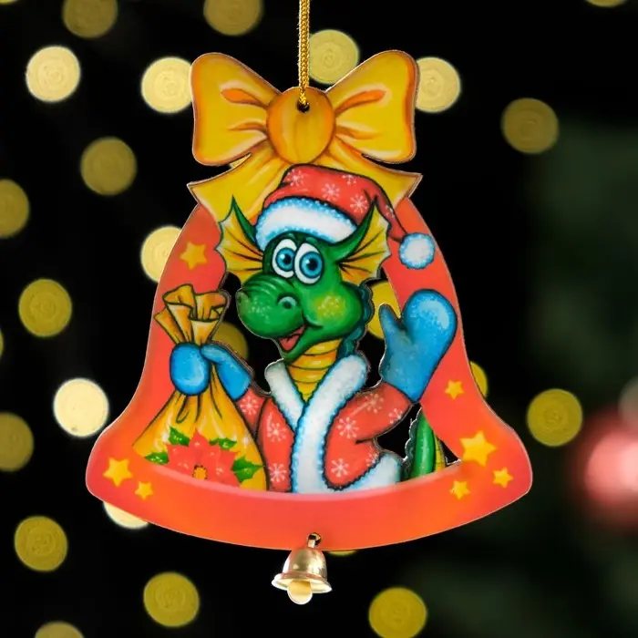 Ёлочная игрушка "Дракон в колокольчике", ламинация, 84 х 93мм