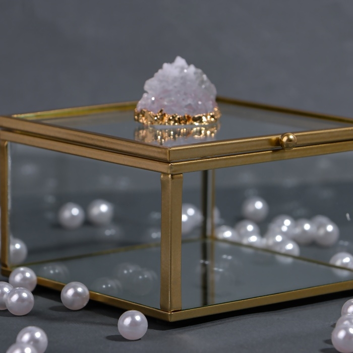 Органайзер для хранения &laquo;MOUNTAINS&raquo;, с крышкой, стеклянный, с зеркальным дном, 1 секция, 10 &times; 10 &times; 6 см, цвет прозрачный/медный