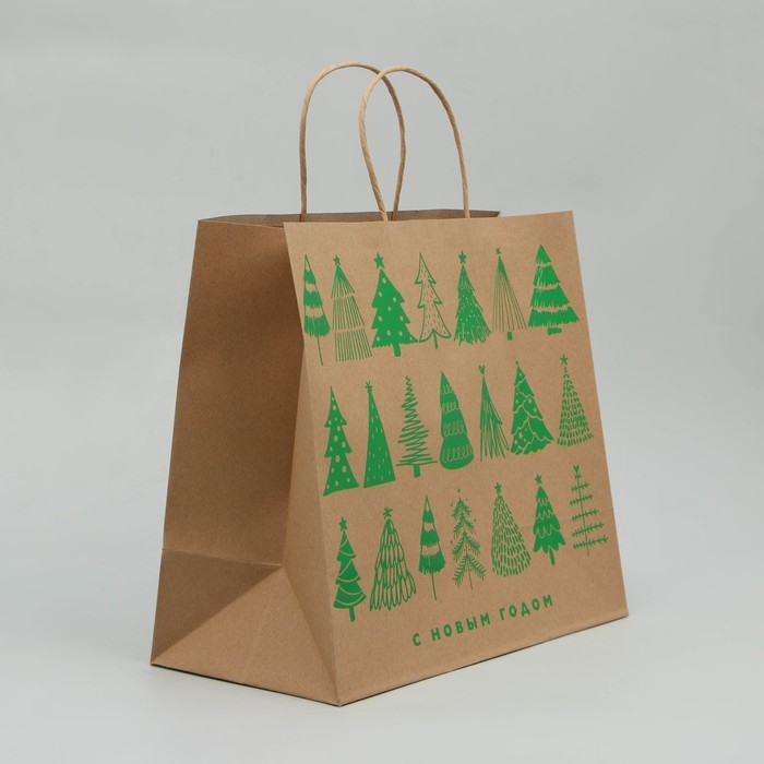 Пакет подарочный новогодний крафтовый Forest, 32 х 28 х 15 см, Новый год