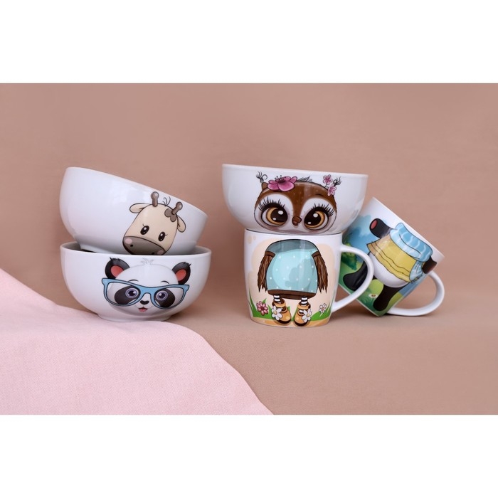 Набор детской посуды из керамики Доляна &laquo;Совенок&raquo;, 2 предмета: кружка 230 мл, миска 400 мл, цвет белый