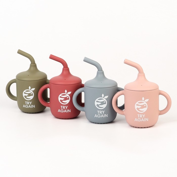 Поильник с трубочкой детский силиконовый &laquo;Try again&raquo;, 200 мл., с ручками, цвет вишневый