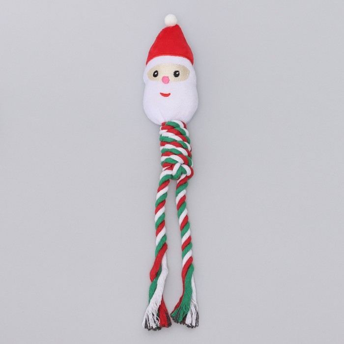 Игрушка пищащая, мягкая для собак "Дед мороз" с канатом, 32 см