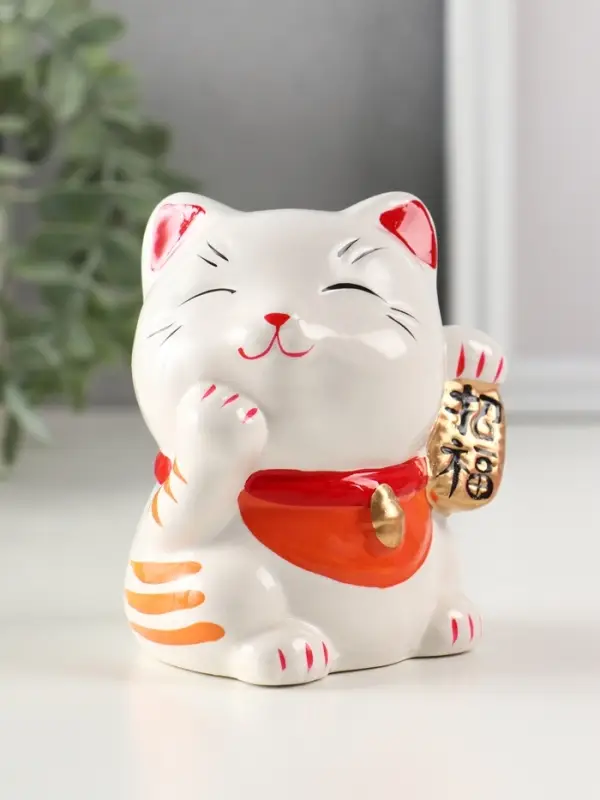 Копилка керамика "Манэки-нэко - иероглиф удача" оранж 7,2х8,3х10 см