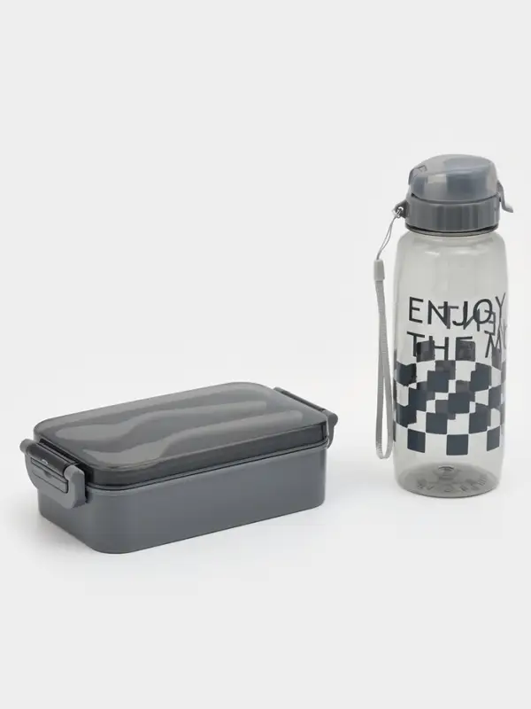 Ланч-бокс, 2 отделения, 2 яруса, с вилкой и ложкой, бутылкой 500мл,20х17х5,5 см, цвет серый   109495