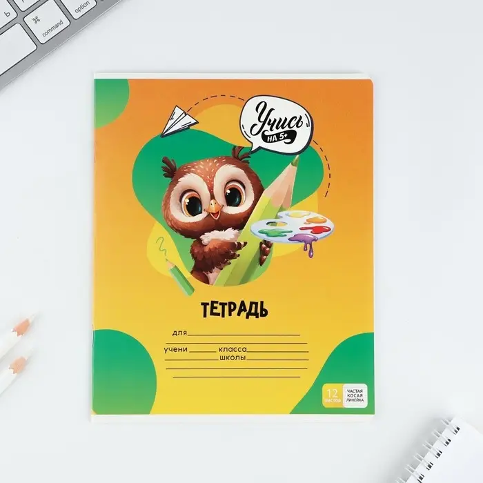 Тетрадь 12 листов в частую косую линейку, А5, на скрепке, блок №1 &laquo;Учись на 5+&raquo; МИКС