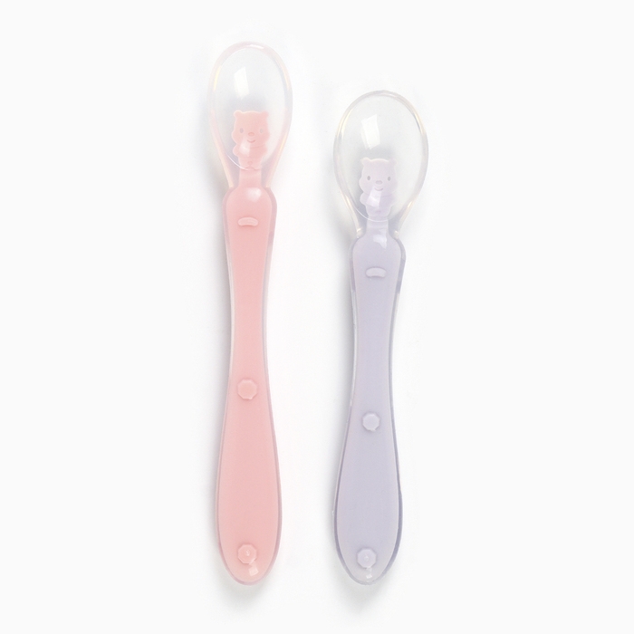 Ложка детская силиконовая для прикорма, набор 2 шт.. &laquo;Милые зверята&raquo;, цвет розовый и фиолетовый, Крошка Я