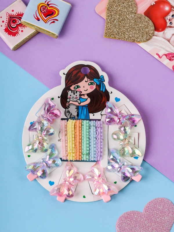 Набор для волос "Аделия" (10 резинок 3 см, 4 зажима 3 см) бабочка, розовый