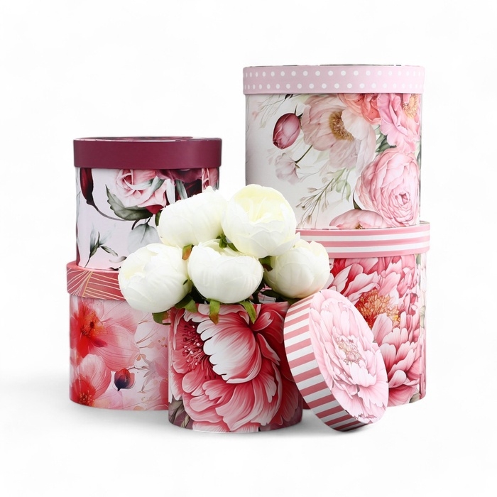 Набор шляпных коробок для цветов 5 в 1, упаковка подарочная, &laquo;Бутон&raquo;, 16 х 14 см - 22 х 19,5 см