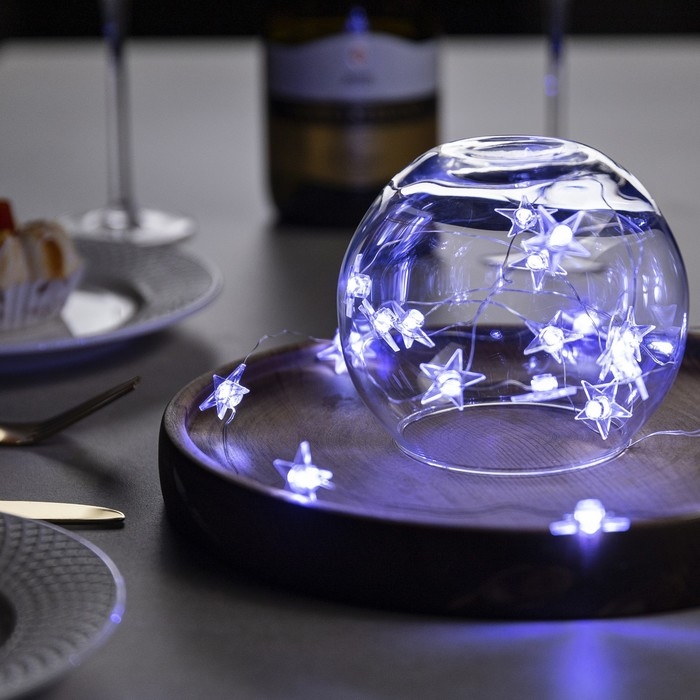 Гирлянда &laquo;Нить&raquo; 2 м роса с насадками &laquo;Звезда&raquo;, IP20, серебристая нить, 20 LED, свечение белое, 2 режима, ААх2