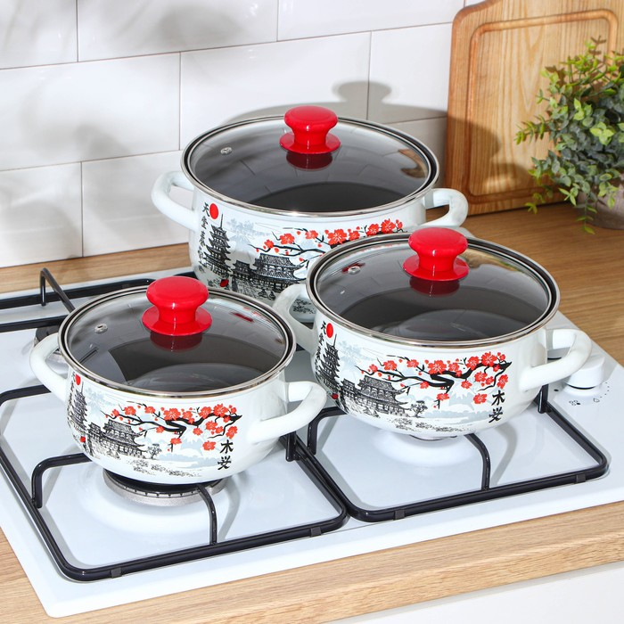 Набор эмалированных кастрюль &laquo;Ветка сакуры&raquo;, 3 предмета: 1,5 л, 2 л, 3 л, индукция