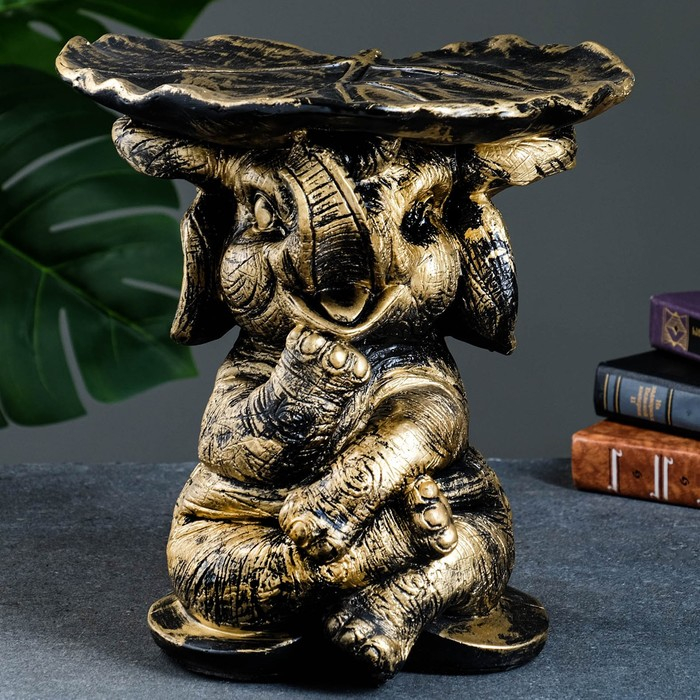 Фигура - подставка "Слон с листком" бронза/золото, 30х30х30см