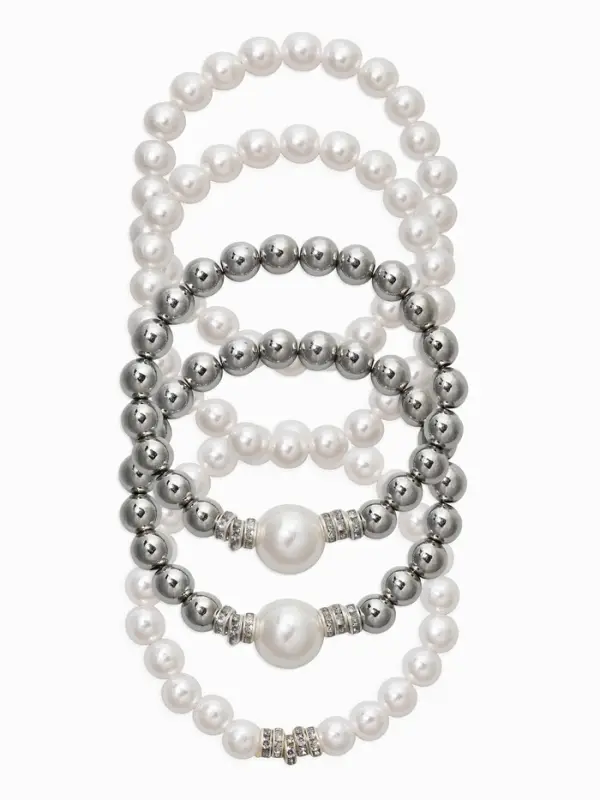 Браслет "Стильный жемчуг" (набор 5шт), №8/16, цвет белый в серебре