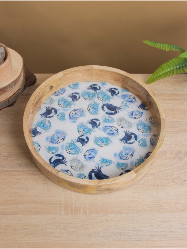 Поднос круглый с бортиками "Крабы" дерево манго 35х35х6,5 см