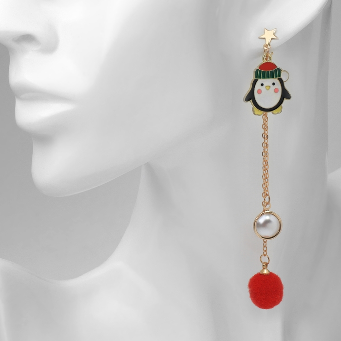 Новый год! Серьги &laquo;Новогодние&raquo; висячие, пингвин, цветные в золоте