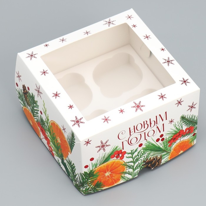 Коробка складная на 4 капкейка с окном &laquo;С Новым годом&raquo;, 16 х 16 х 10 см, Новый год