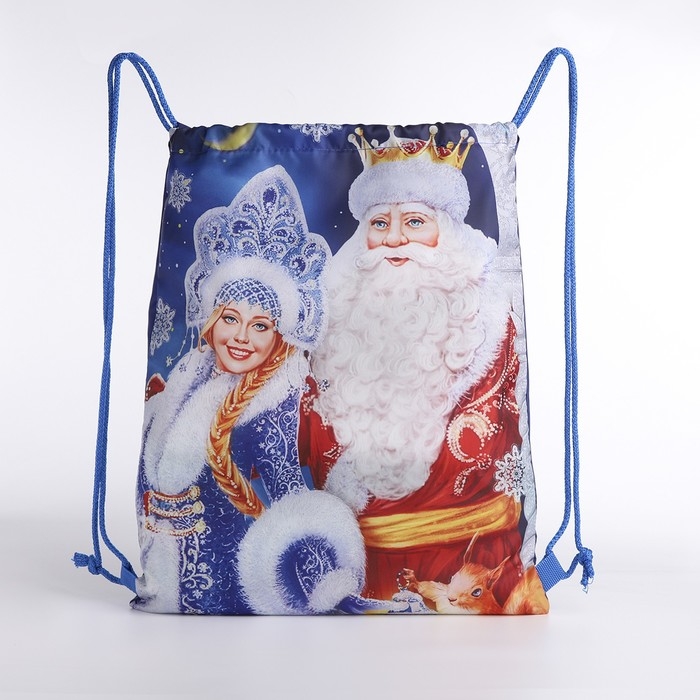 Новый год 2025. Новогодний мешок для подарков на шнурке &laquo;Дед Мороз и Снегурочка&raquo;, цвет синий/разноцветный